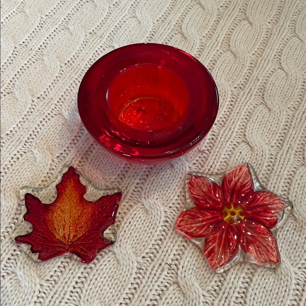 Red Glass Votive/tea light Candle Holder and Pressed glass poinsettia/leaf - Picture 1 of 11
